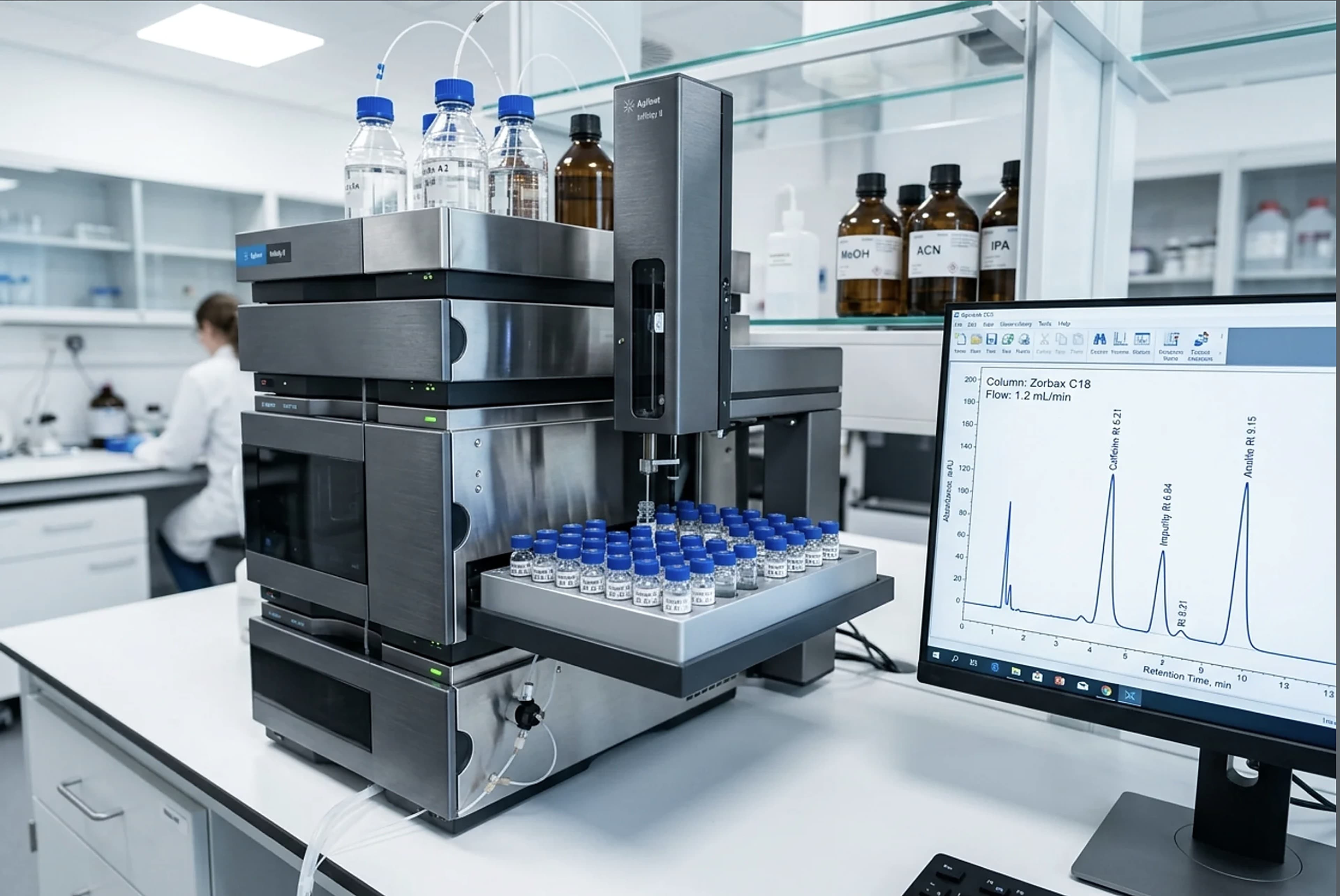 HPLC instrument running a purity analysis with chromatogram on screen