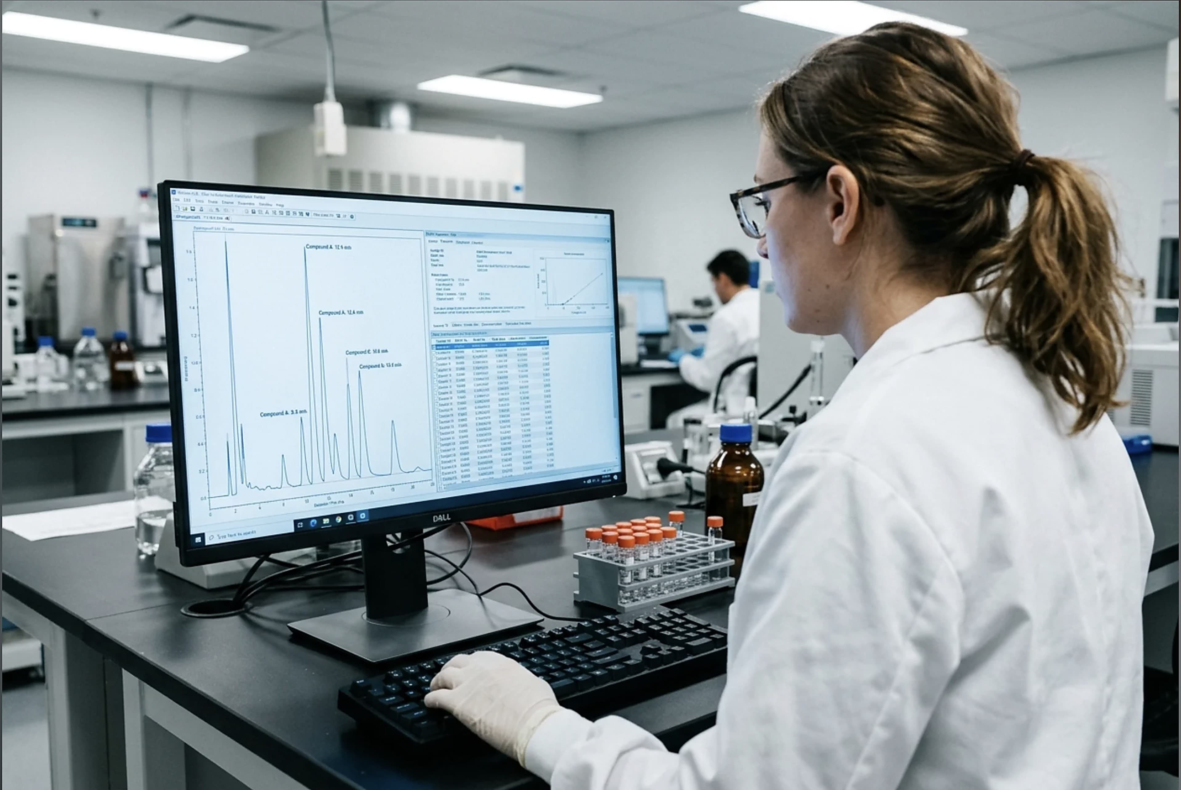 Research scientist reviewing chromatogram data on a monitor in a lab