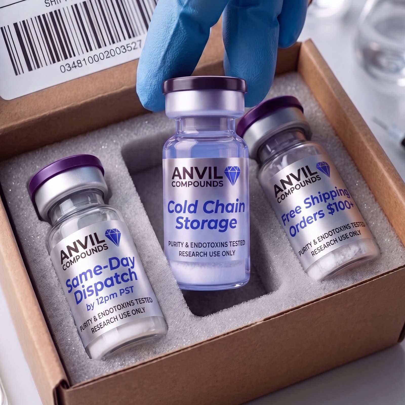 A gloved hand placing an Anvil Compounds vial into a shipping box with three labeled vials — Same-Day Dispatch, Cold Chain Storage, Free Shipping Orders $100+ — and a shipping label